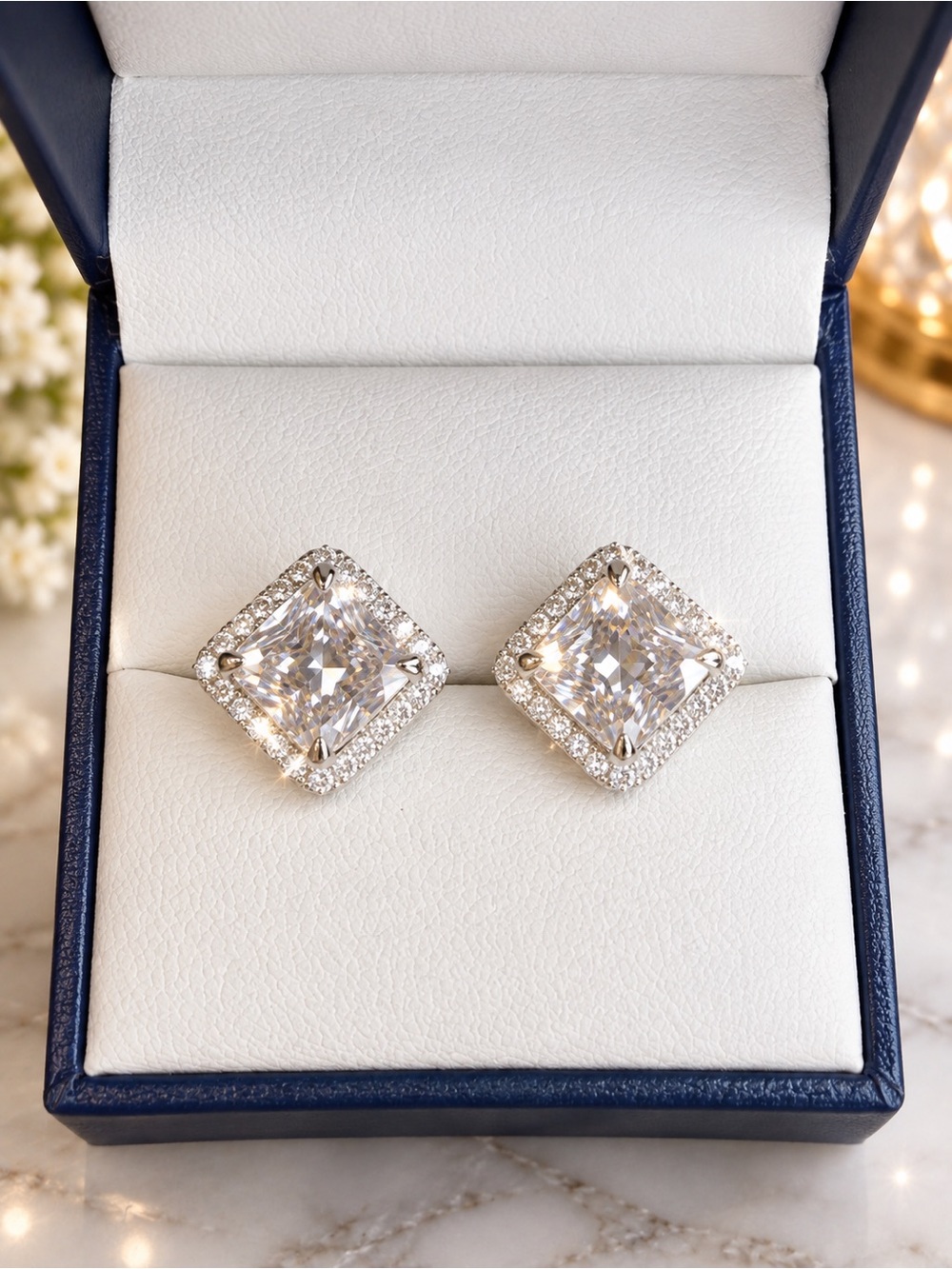 NWT 6.76 CTW Moissanite Square Halo Stud Earrings 925 Sterling Silver